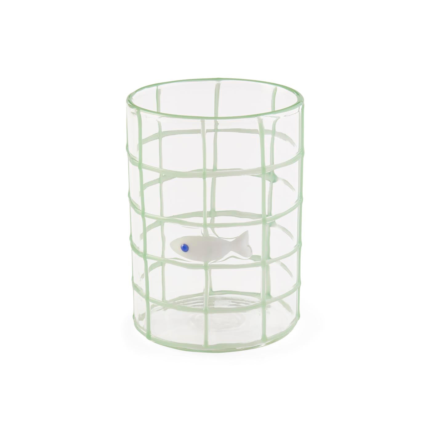 Clear glass vase with a fish design on a white background