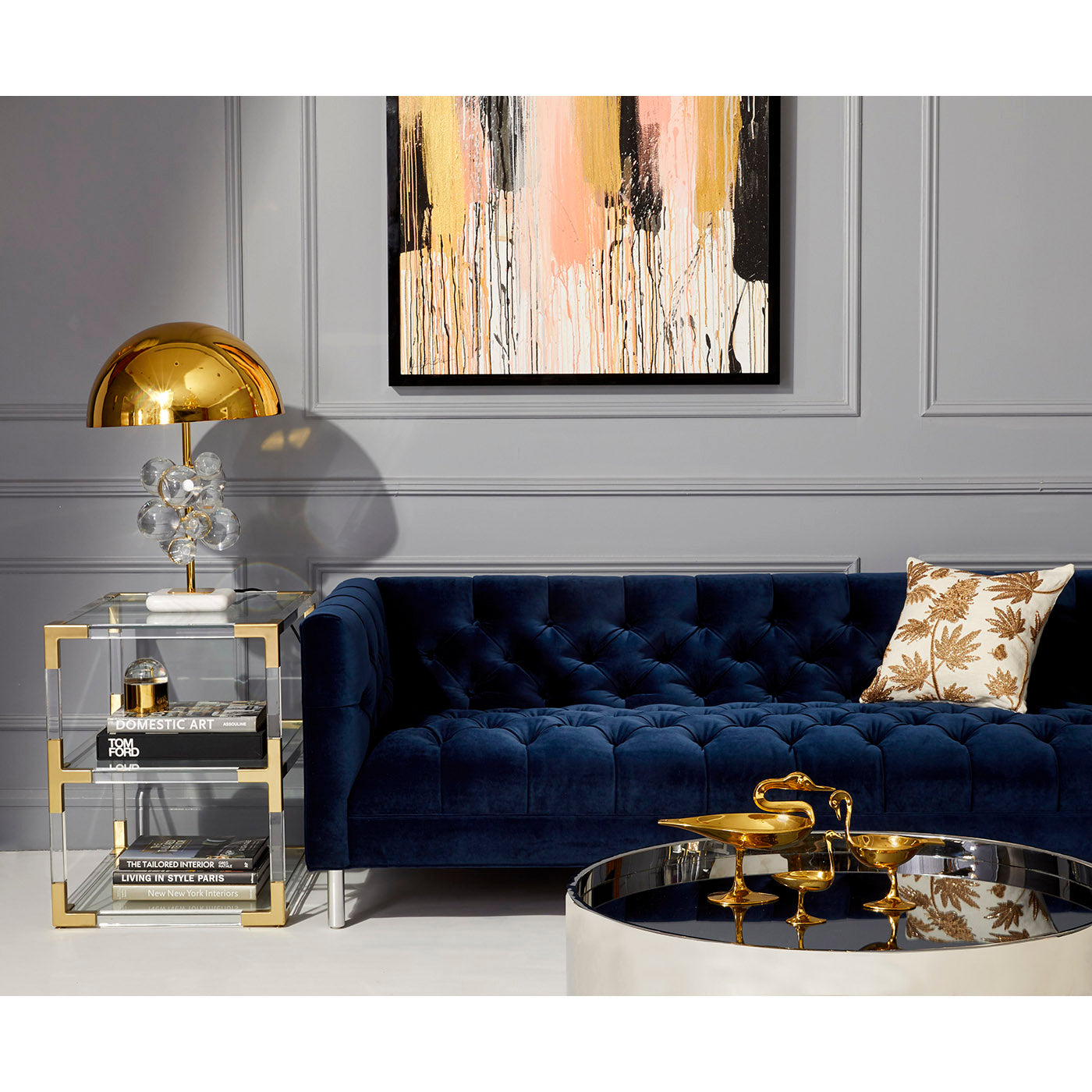 baxter sofa venice navy globo table lamp living room - styled view