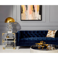 baxter sofa venice navy globo table lamp living room - styled view