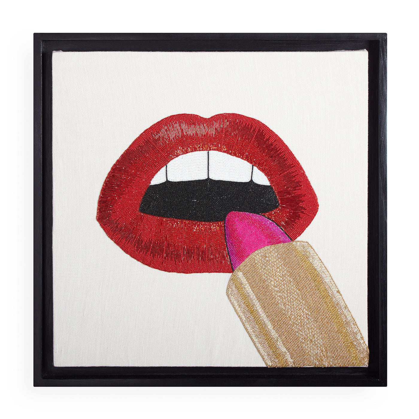lipstick beaded wall art glass beads red gold pink - front view