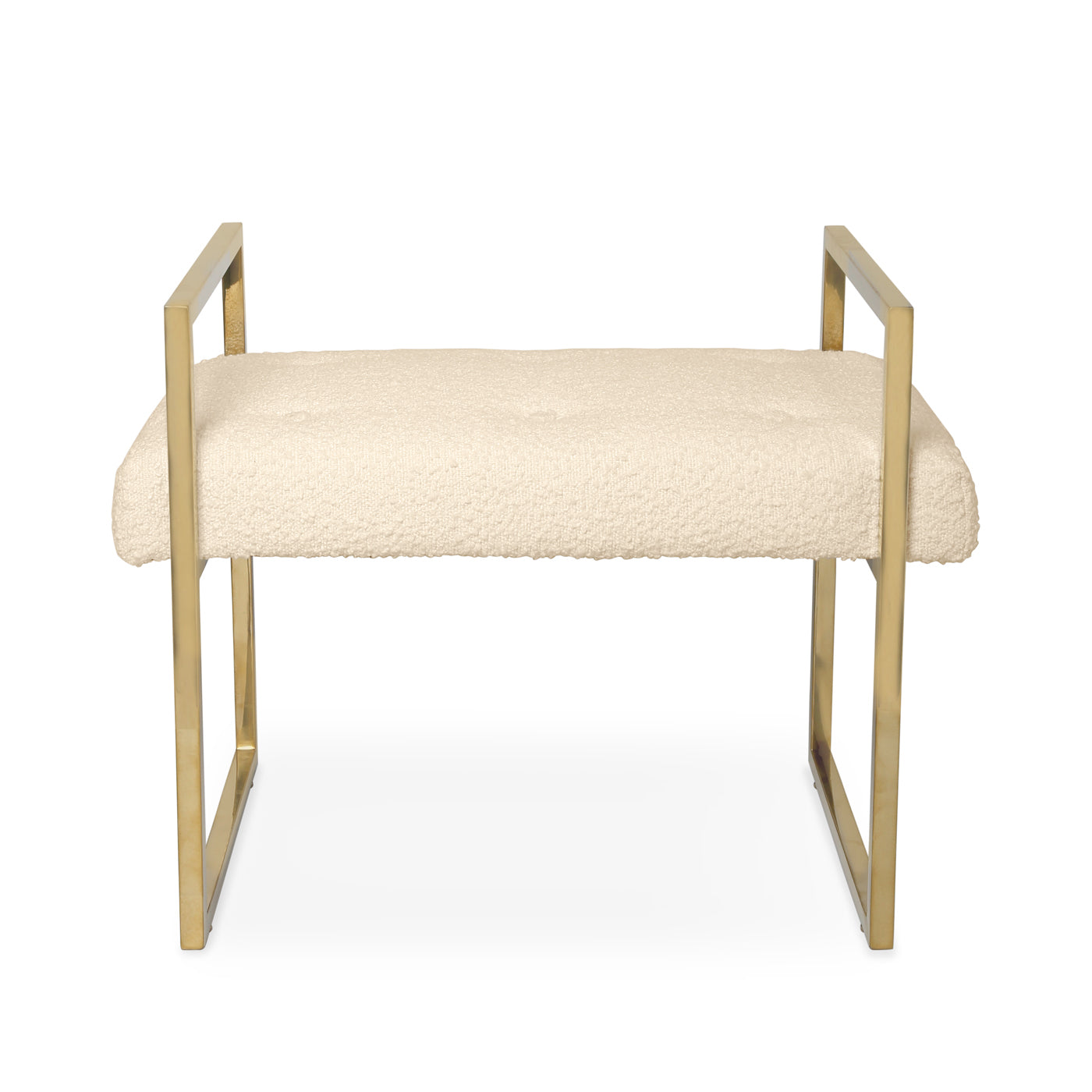 Beige cushioned bench with gold metal frame on a white background