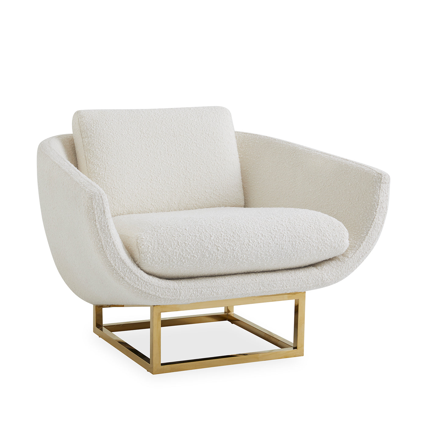 Modern armchair with white cushioned seat and backrest on a gold metal frame against a white background