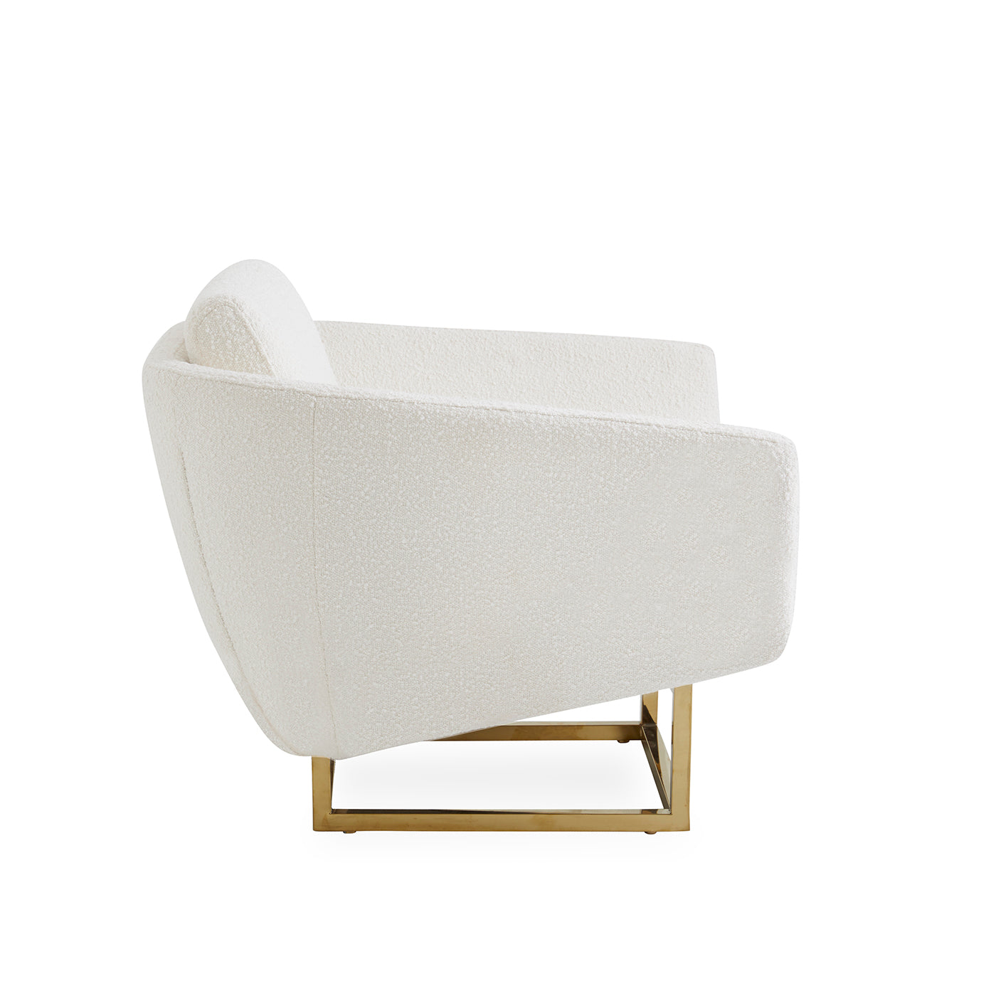A modern white bouclé armchair with a gold metal frame base, shown from a side angle against a solid white background.