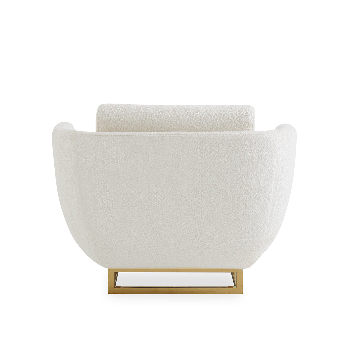 A modern armchair upholstered in textured off-white bouclé fabric with a gold metal base, shown from the back against a solid white background.