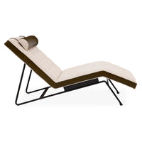 Modern lounge chair with white cushion and brown frame on a white background