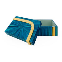 Blue decorative box with gold accents on a white background