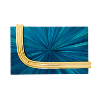 Blue clutch with gold handle on a white background