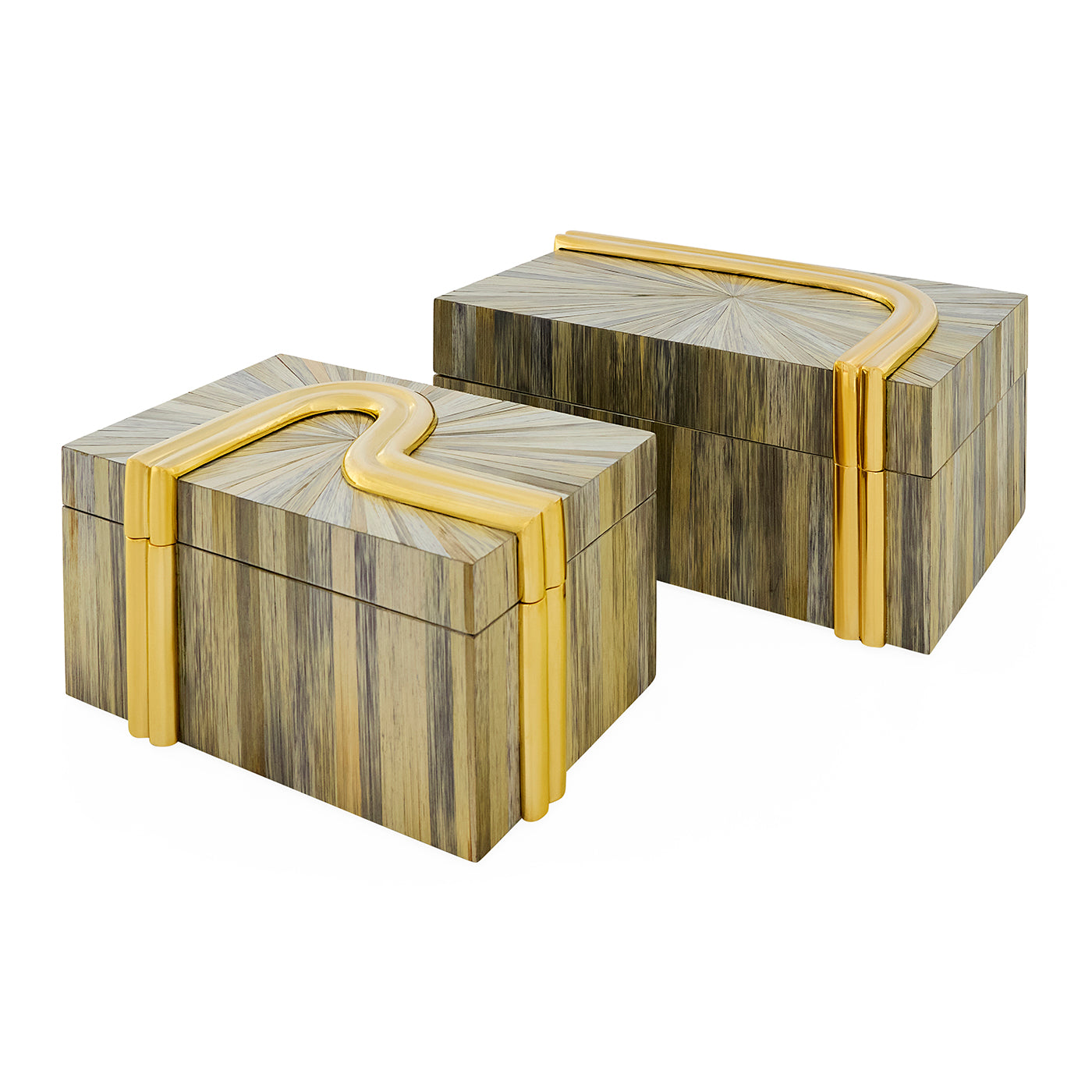Two decorative boxes with a wooden pattern and gold accents on a white background