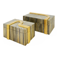 Two decorative boxes with a wooden pattern and gold accents on a white background