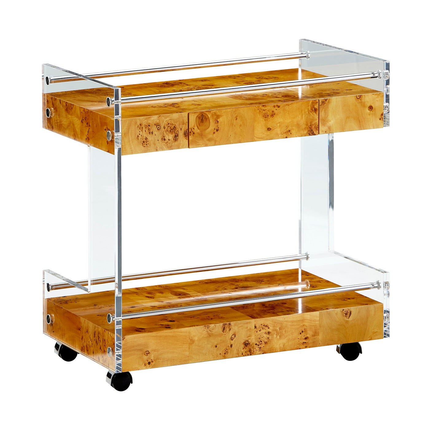 bond bar cart burl wood clear acrylic - front view