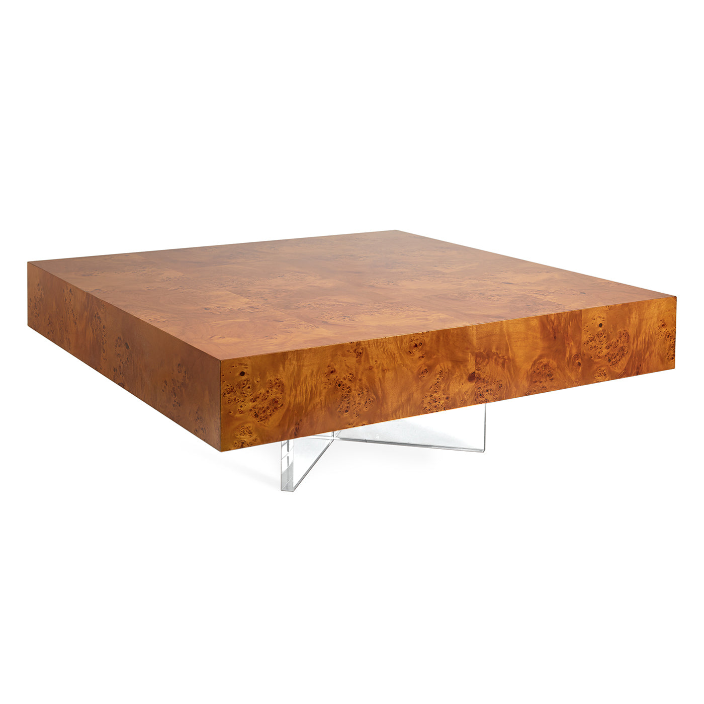 bond cocktail table burl wood acrylic base - angle view