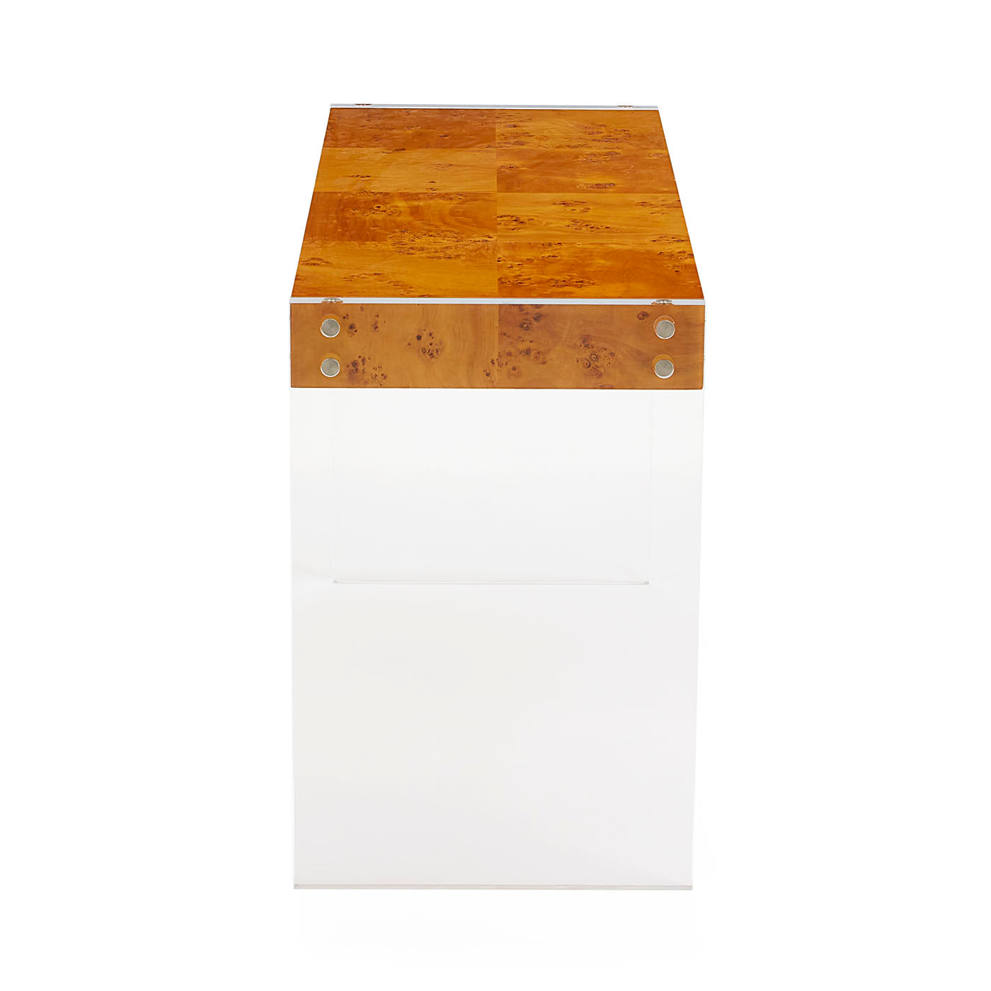bond desk burl wood top clear acrylic frame - side view
