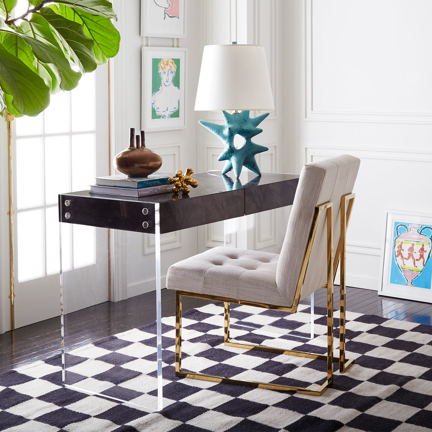 checkerboard reversible peruvian flat weave rug black - styled view
