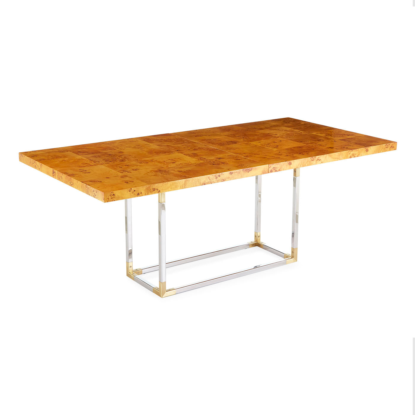 bond dining table burl wood nickel brass base - angle view