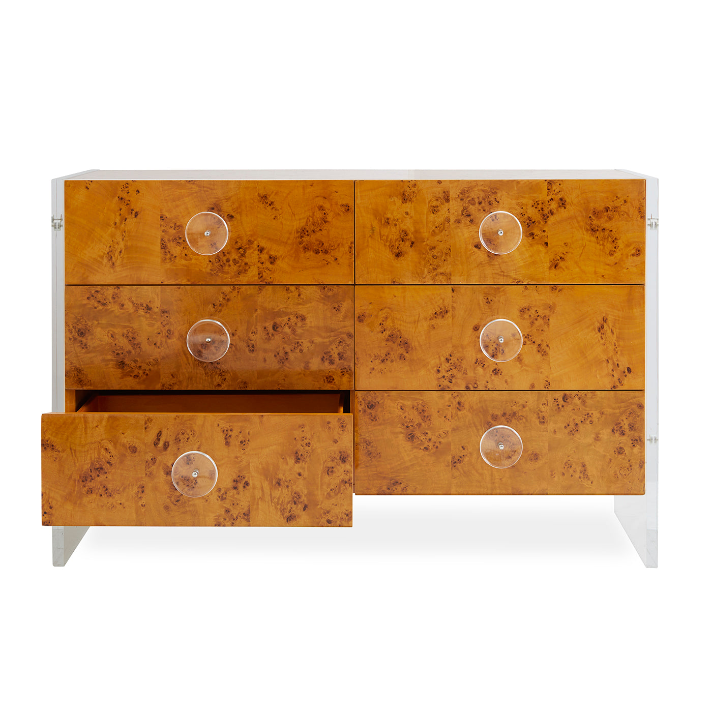 bond six-drawer dresser burl wood acrylic frame - open front view