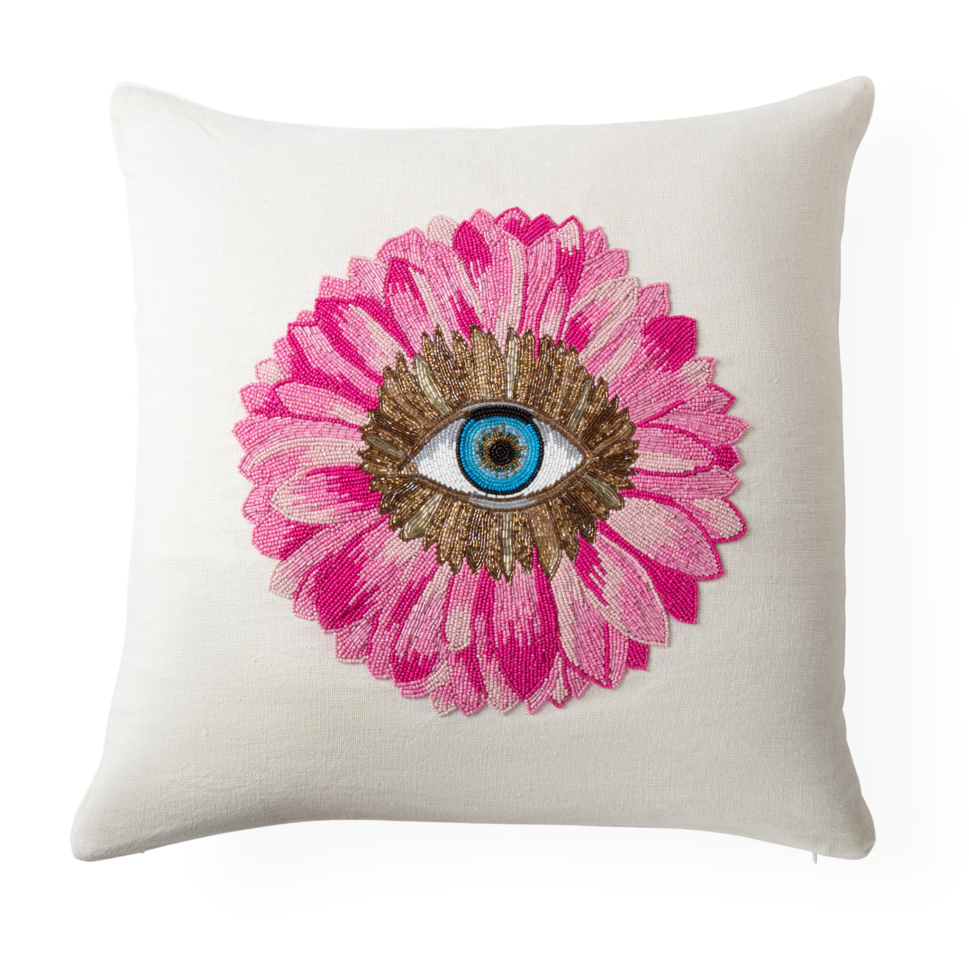 petals beaded pillow pink gold blue glass beads on linen - front view
