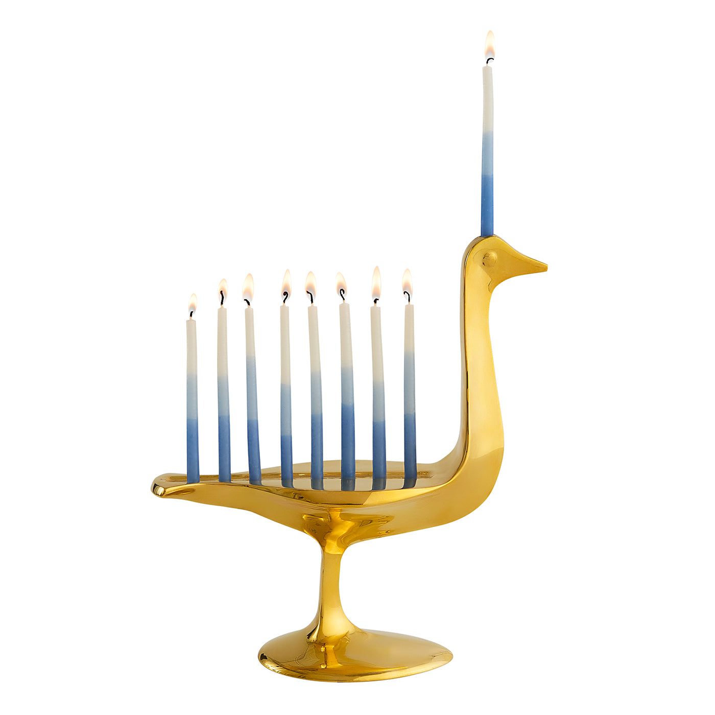 Brass Bird Menorah with candles - side view