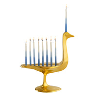 Brass Bird Menorah with candles - side view