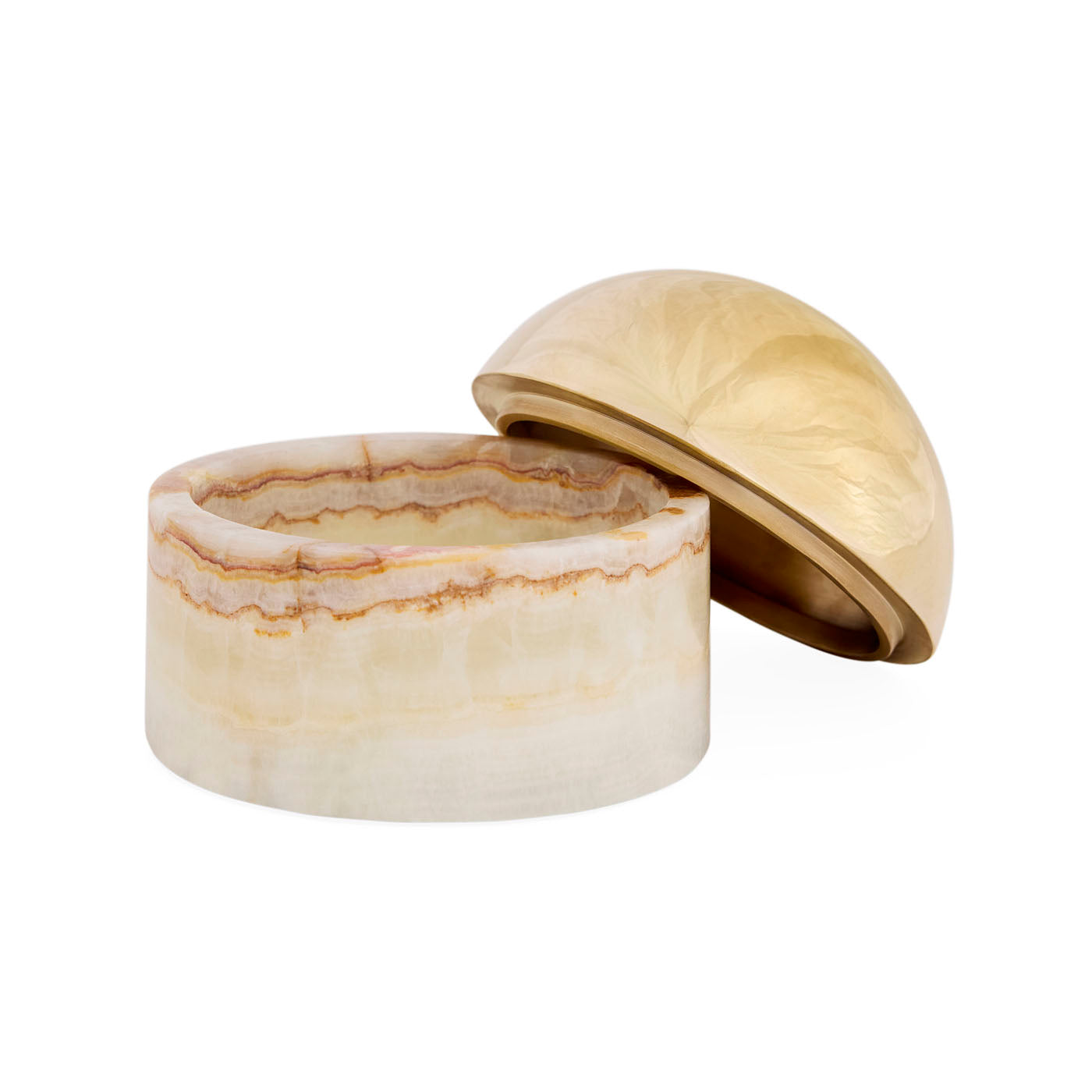 Decorative box with marble-like surface and gold lid on a white background