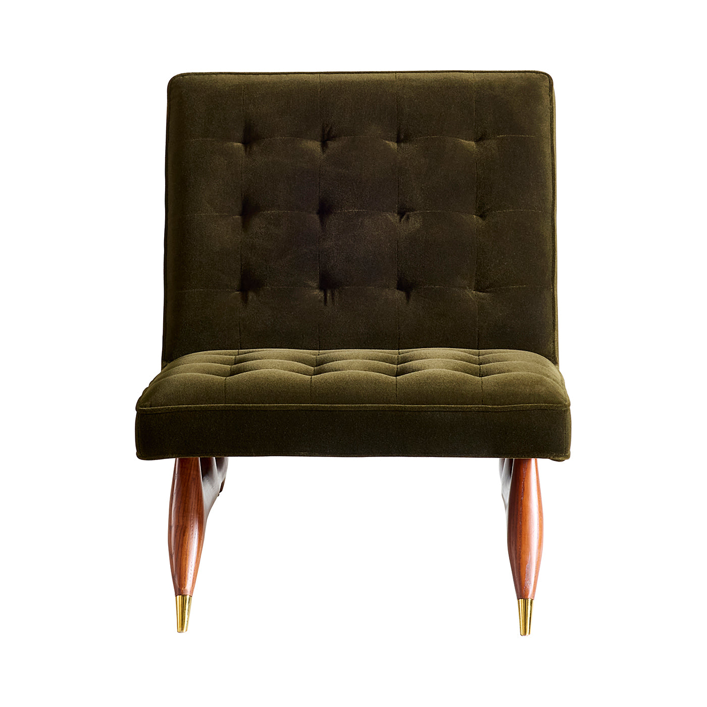 Green upholstered chair with wooden legs on a white background