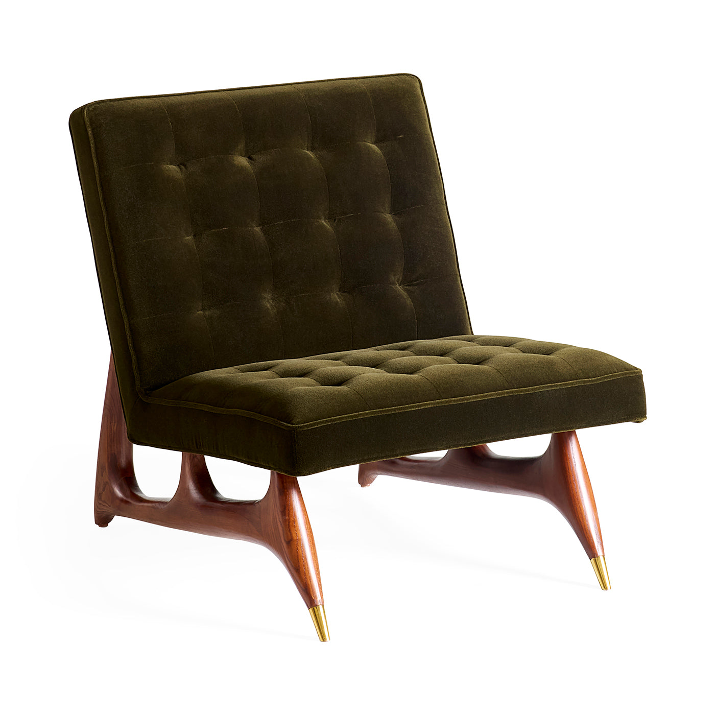Green upholstered chair with wooden legs on a white background