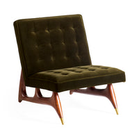 Green upholstered chair with wooden legs on a white background