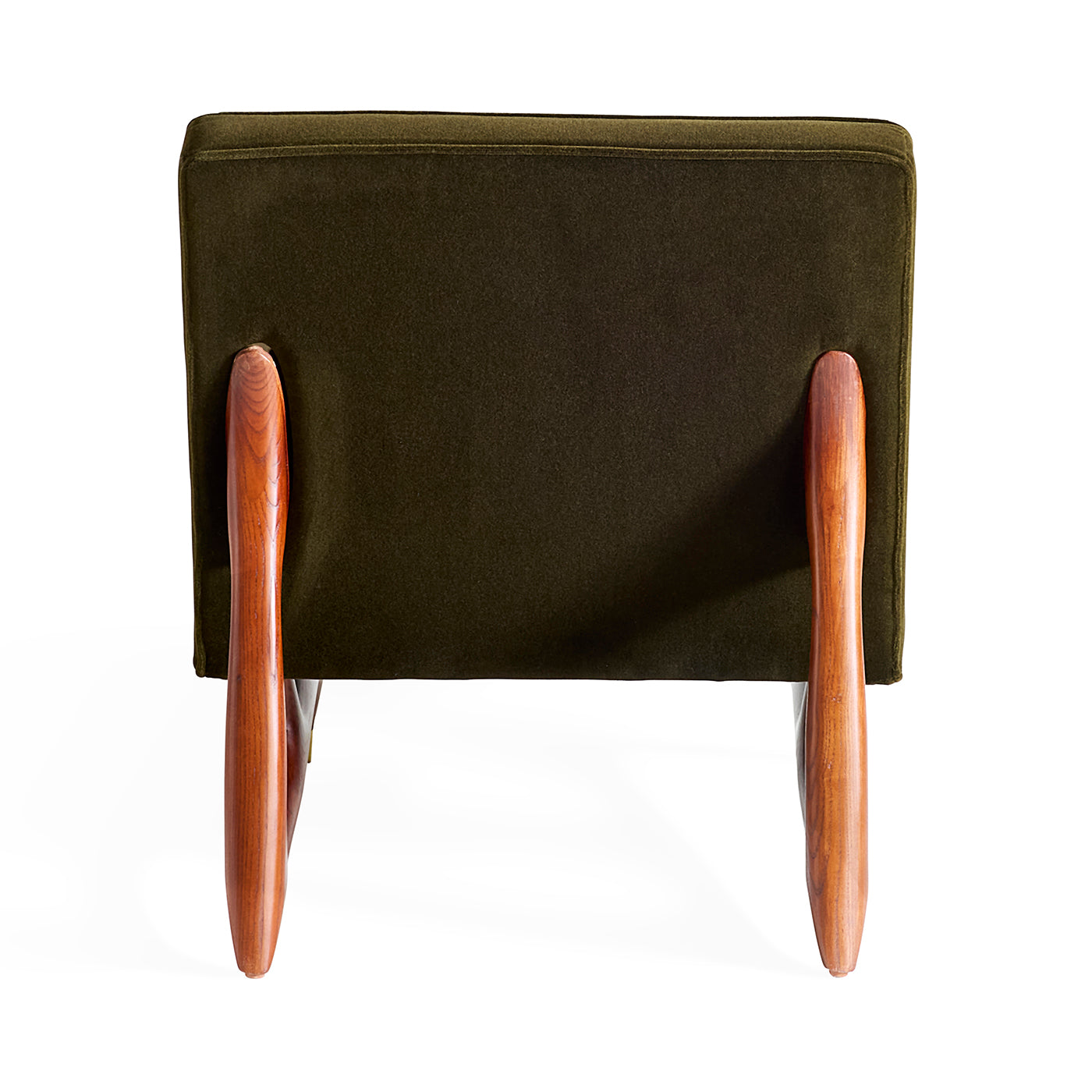 Green upholstered chair with wooden armrests on a white background