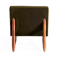 Green upholstered chair with wooden armrests on a white background
