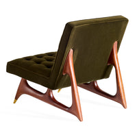 Green chair with wooden legs on a white background