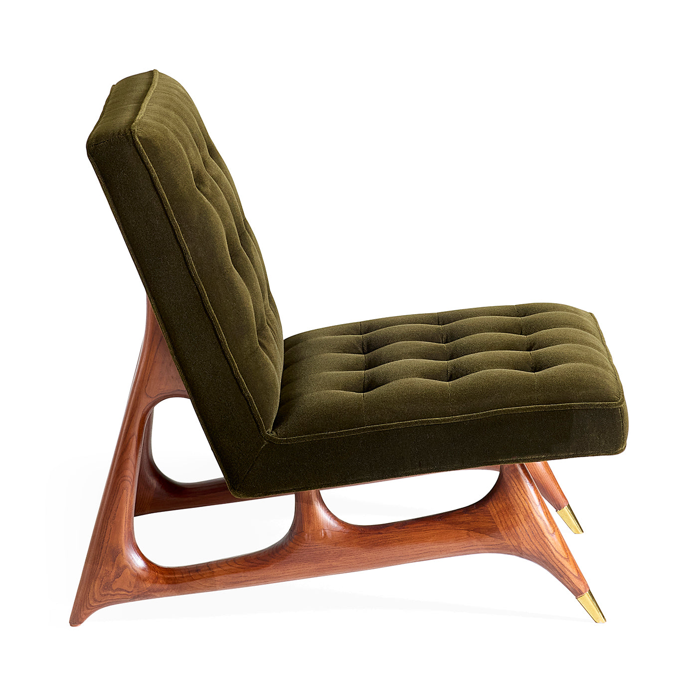 Green upholstered chair with wooden frame on a white background