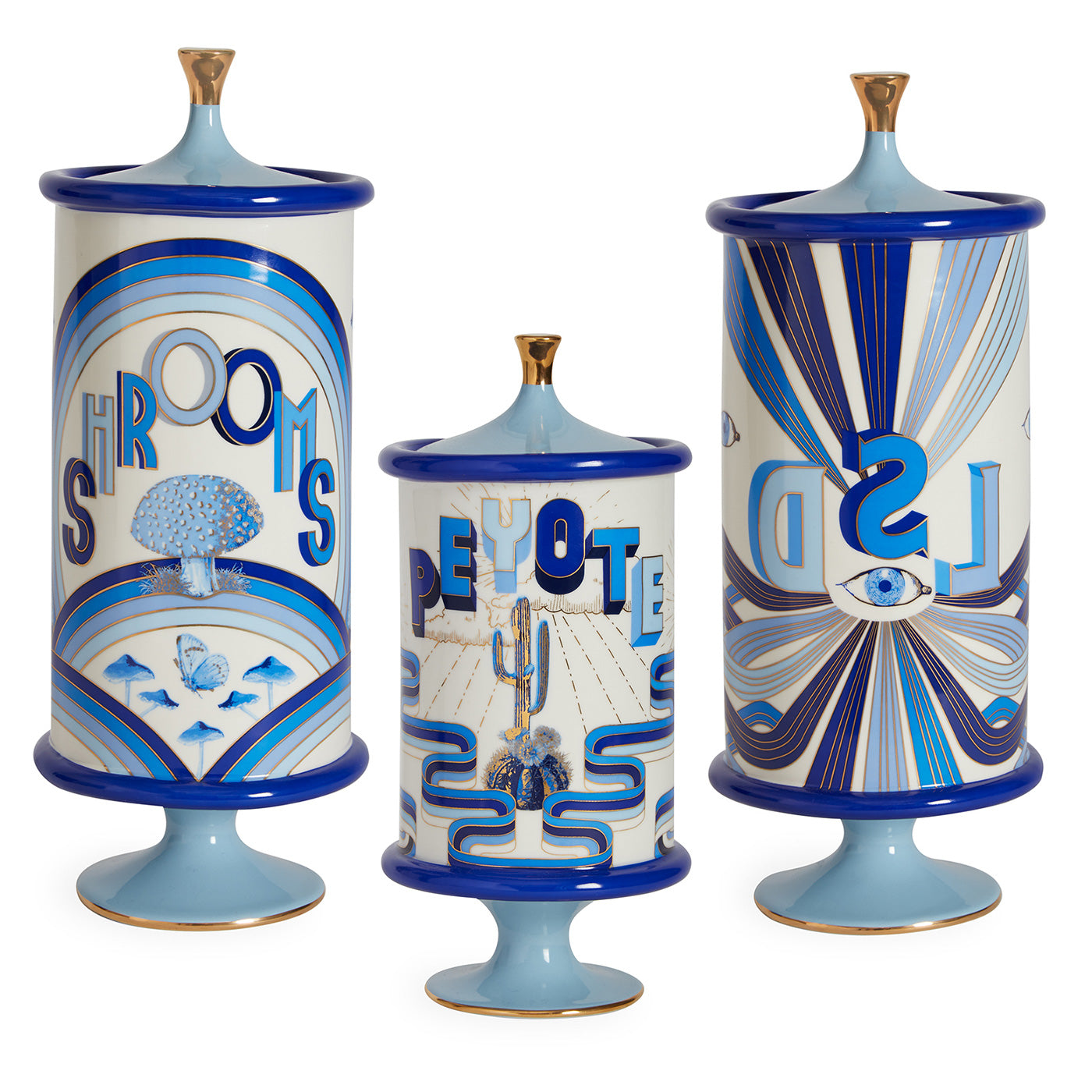 druggist canister bundle porcelain blue accents gold - front view