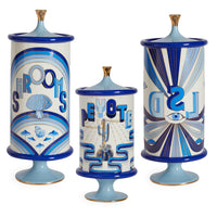 druggist canister bundle porcelain blue accents gold - front view