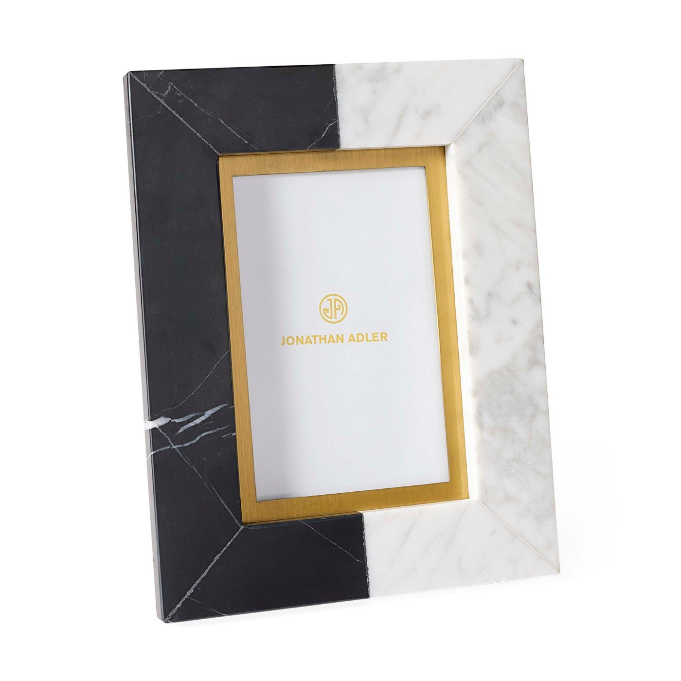 Marble photo frame with gold accent and Jonathan Adler logo on a white background