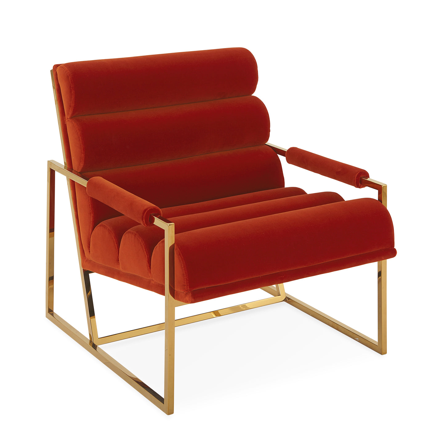channeled goldfinger lounge chair varese persimmon orange velvet brass frame - angle view