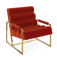 channeled goldfinger lounge chair varese persimmon orange velvet brass frame - angle view
