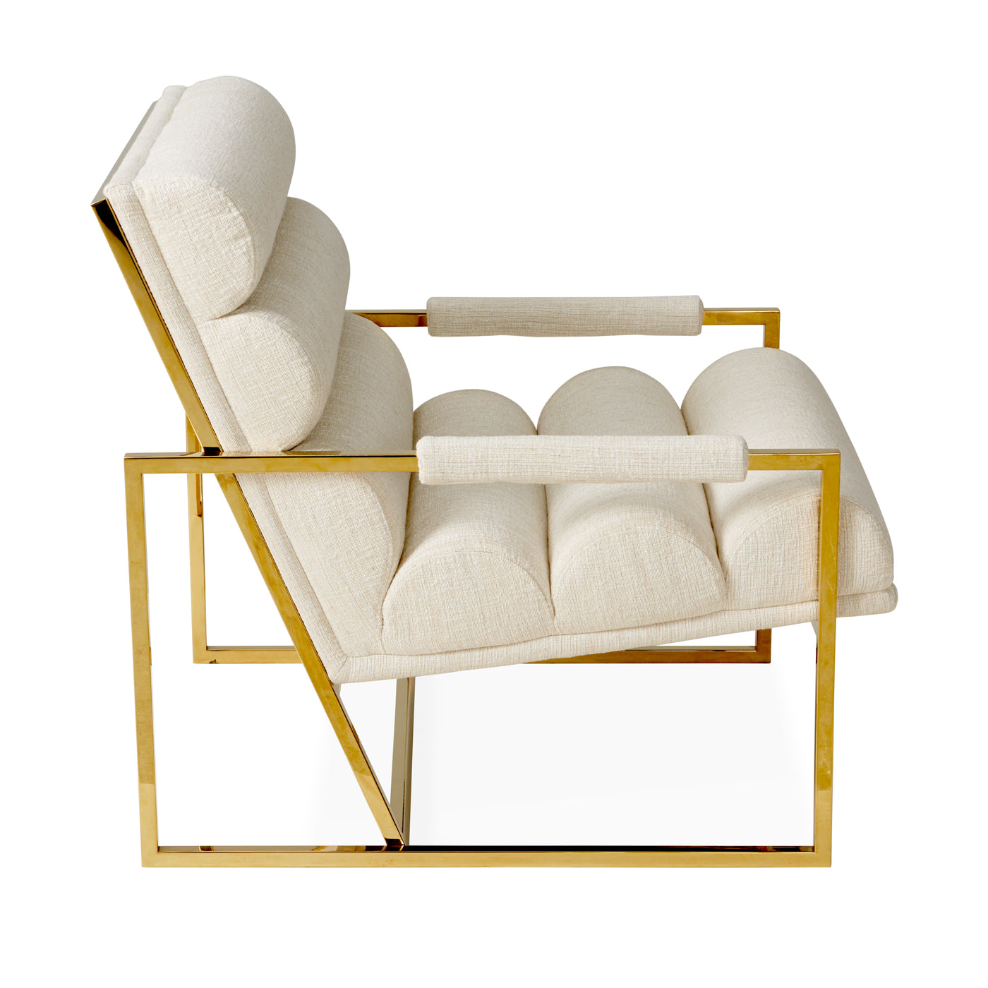 channeled goldfinger lounge chair belfast stone linen brass frame - side view