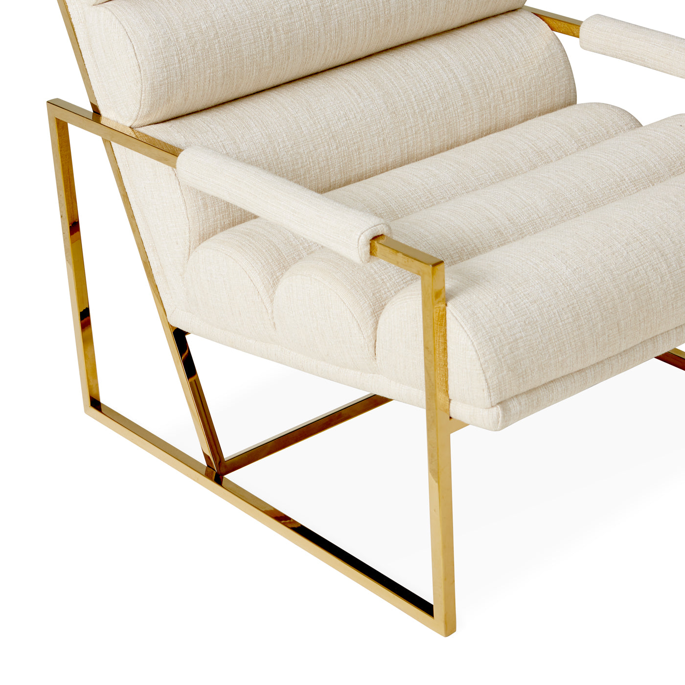 channeled goldfinger lounge chair belfast stone linen brass frame - detail view