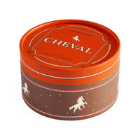Round brown tin with 'Cheval' branding on a white background