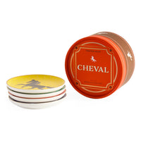 Set of coasters with a red 'Cheval' branded container on a white background