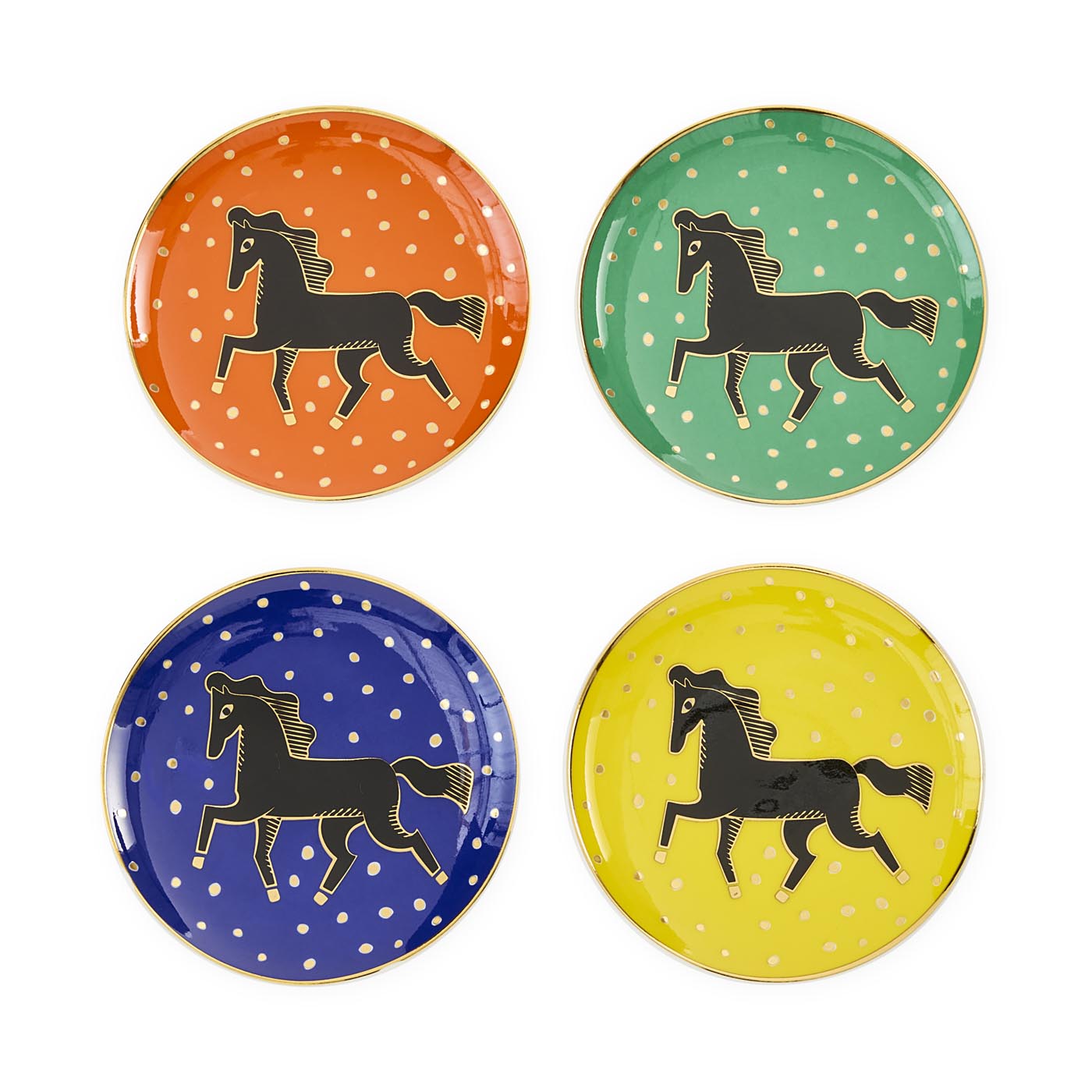 Four colorful plates with horse designs on a white background