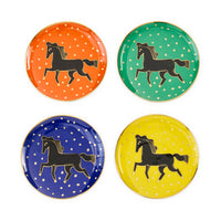 Four colorful plates with horse designs on a white background