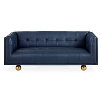 claridge apartment sofa oxford navy leather brass orb feet - front view
