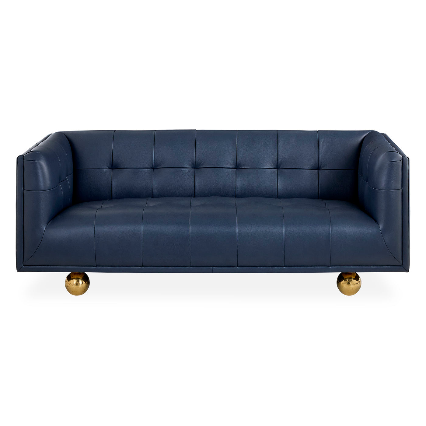 claridge apartment sofa oxford navy leather brass orb feet - front view