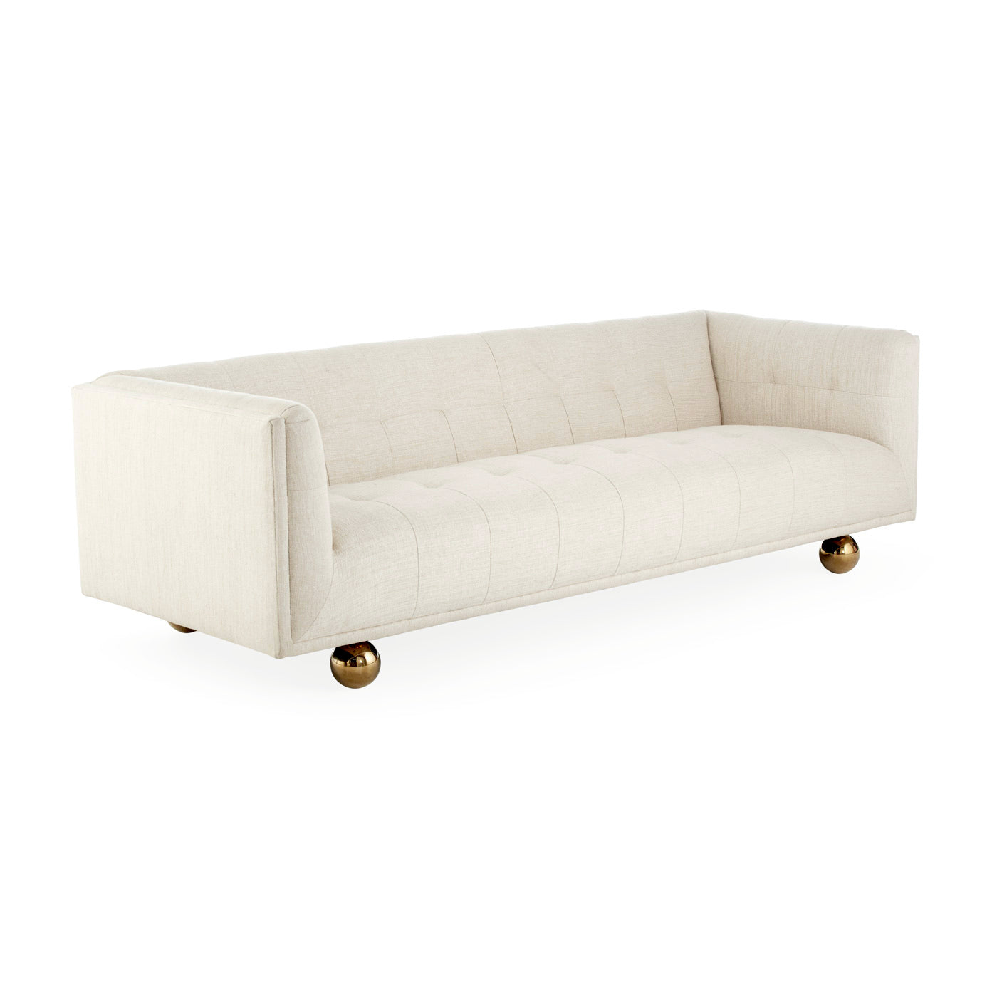 claridge apartment sofa belfast stone linen brass orb feet - angle view