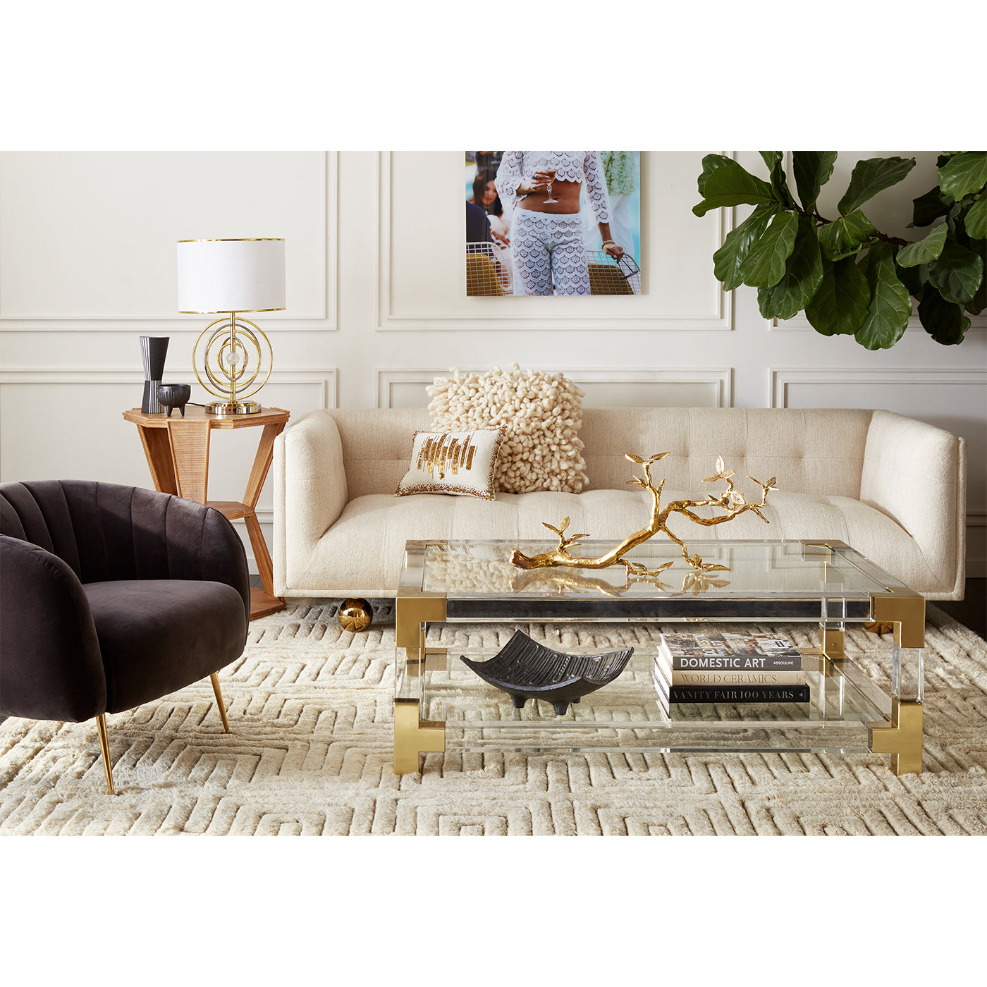 claridge sofa oxford blue alphaville cocktail table brass living room - styled view