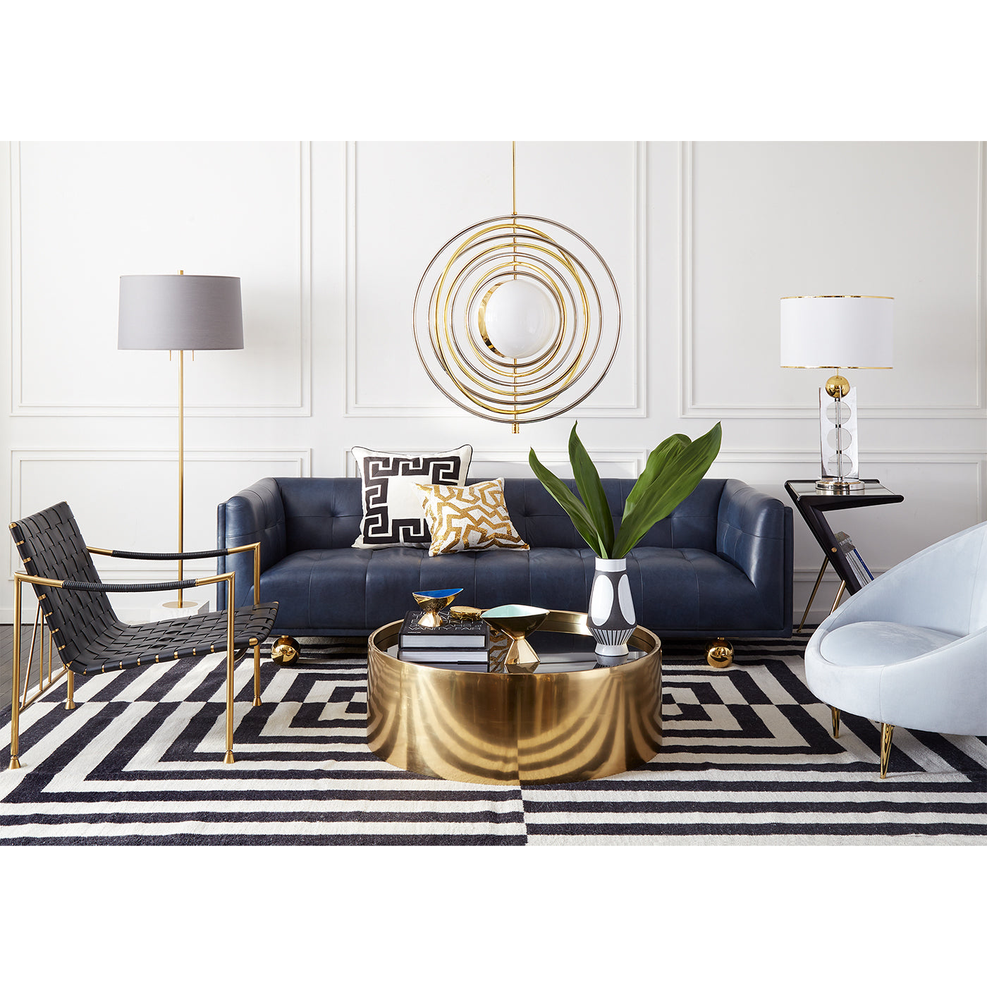 claridge sofa oxford blue scalinatella cocktail table living room - styled view