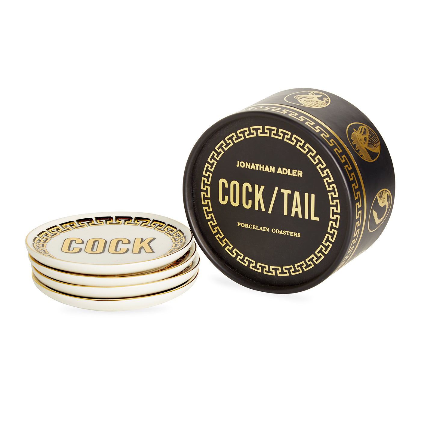 cock/tail coasters porcelain gold white with box - front view