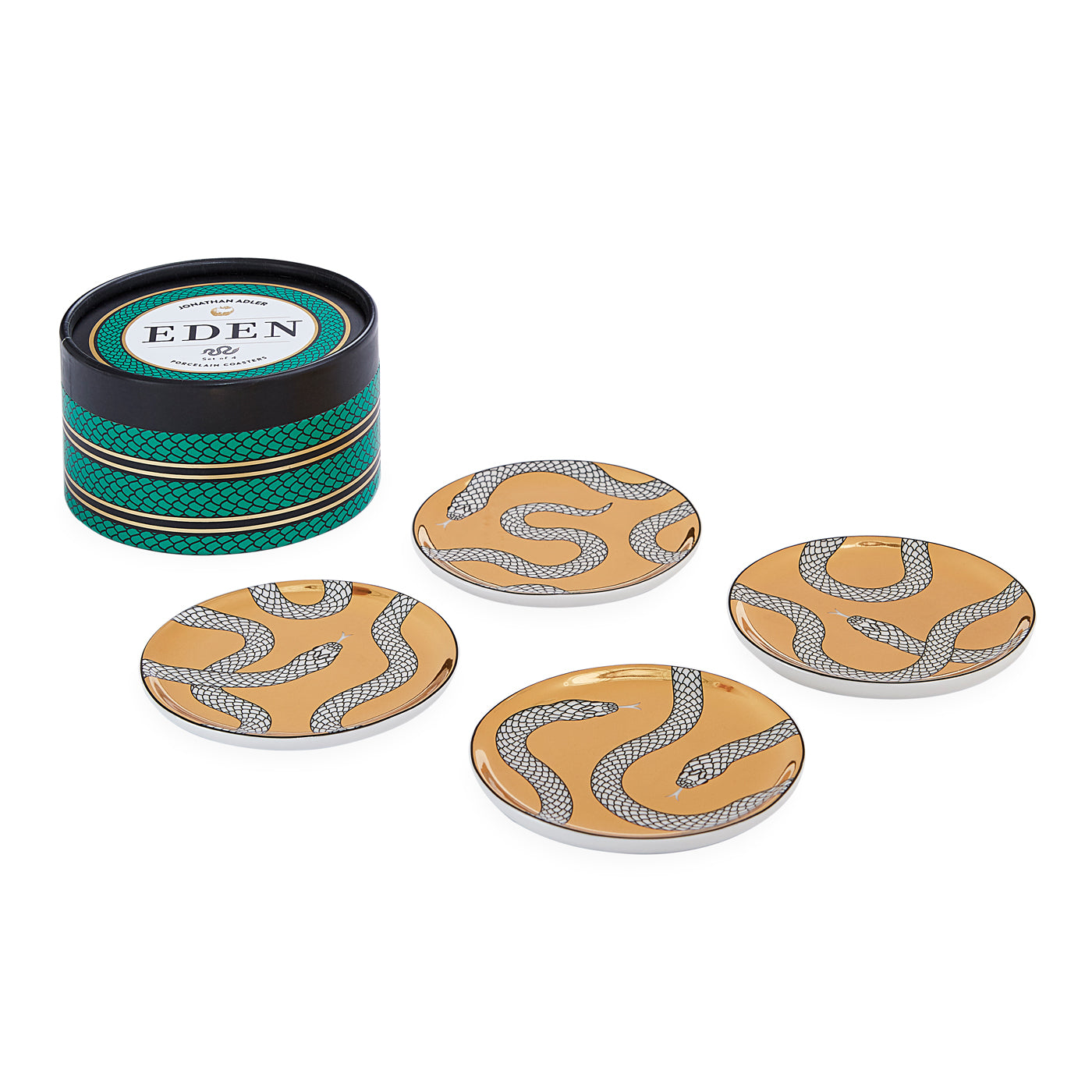 eden coasters porcelain gold black white with box - angle view
