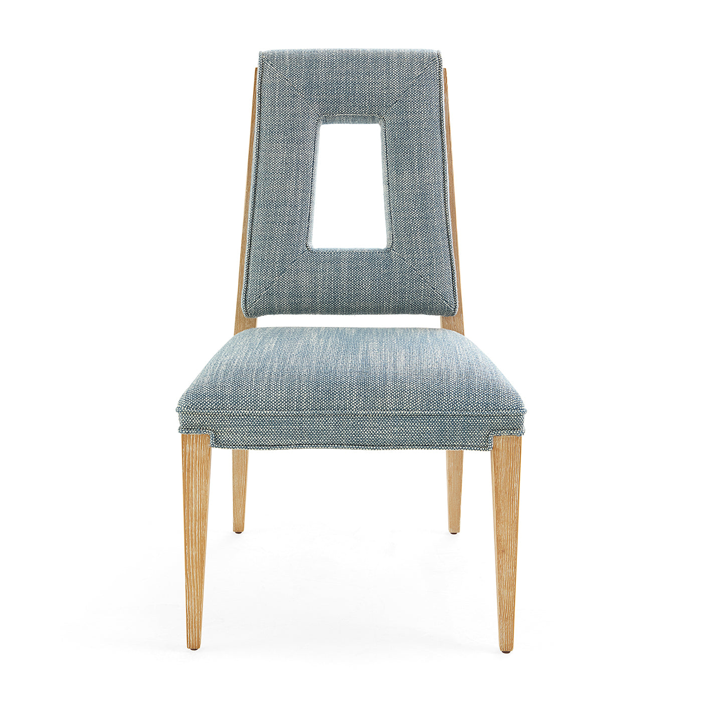 Chair with blue patterned seat and backrest on a white background