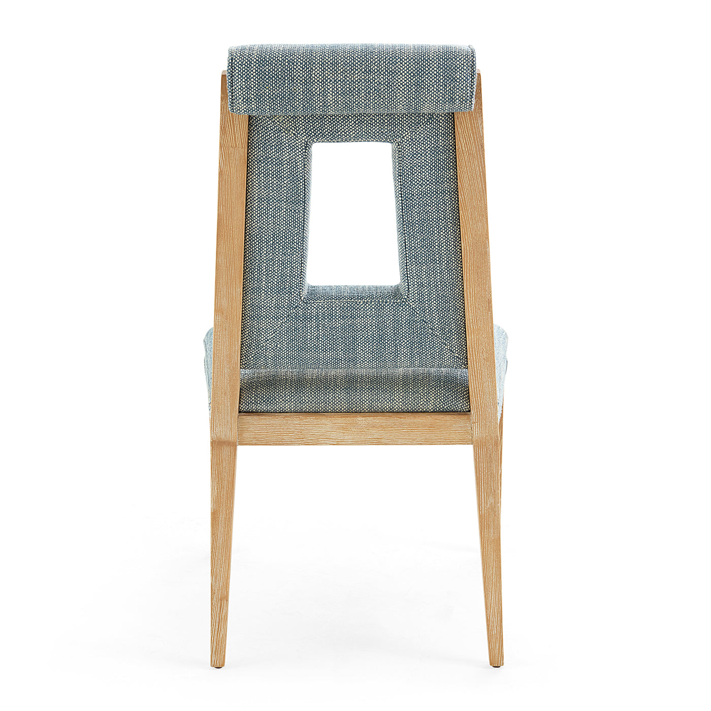 Bar stool with wooden frame and gray woven backrest on a white background